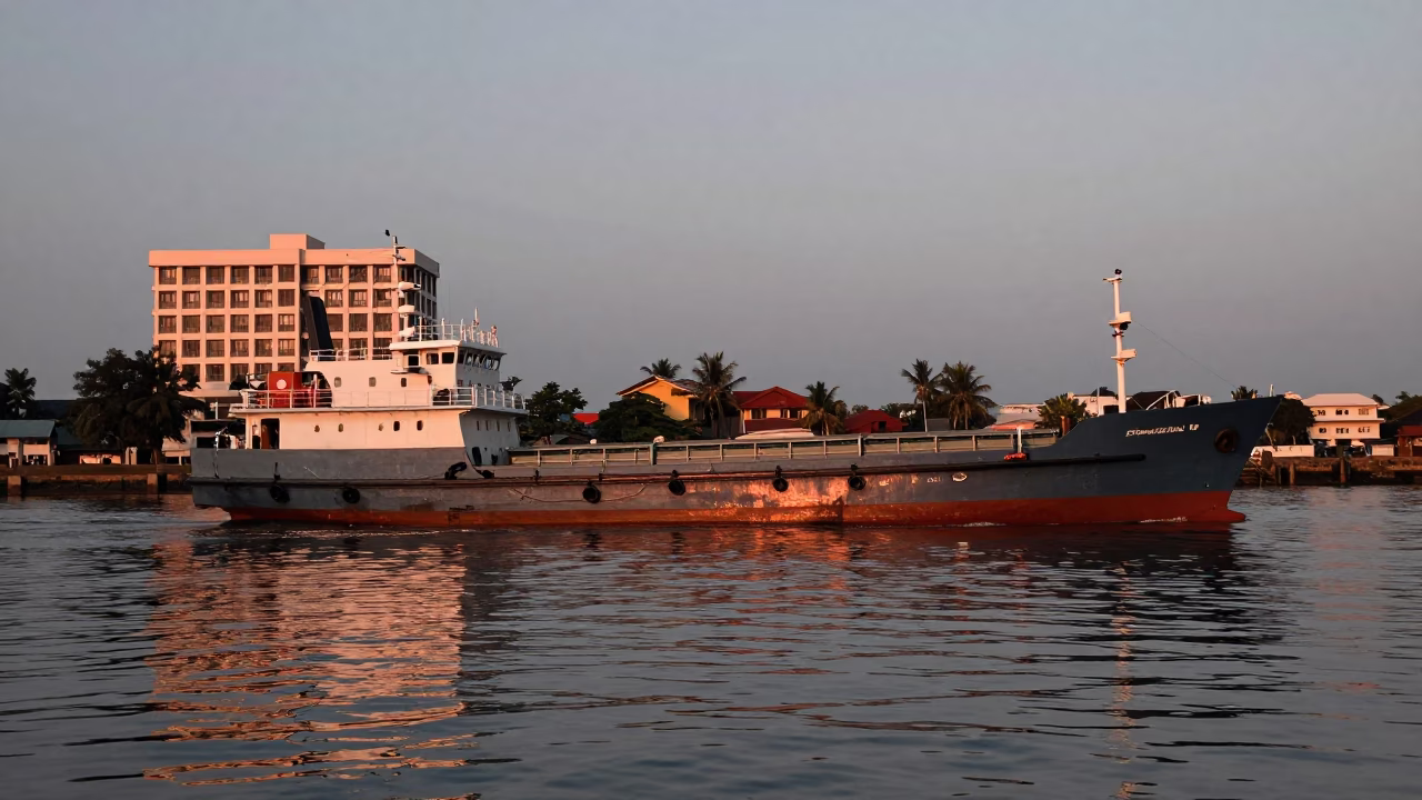 Copper Toned Dusk Reflections in Kochi Harbour with Listing Ship and Puddle in in Kochi, India