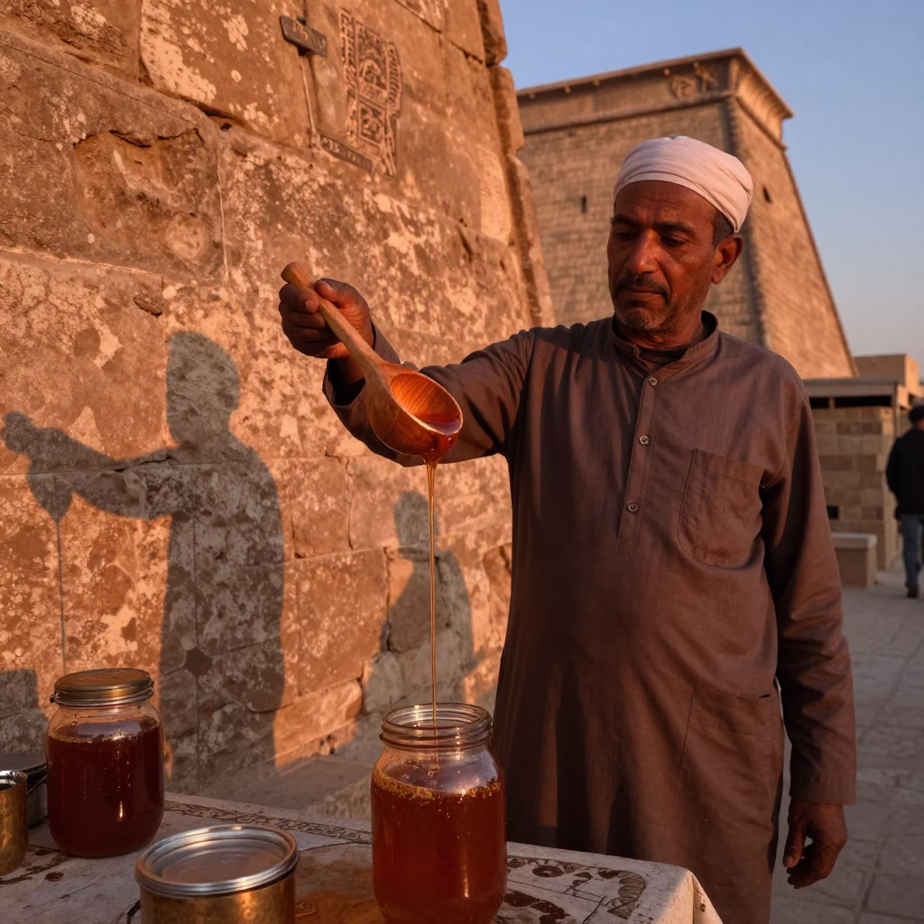 Copper-toned Dusk Scene in Luxor Egypt with Honey Dripping from Dipper in in Luxor, Egypt
