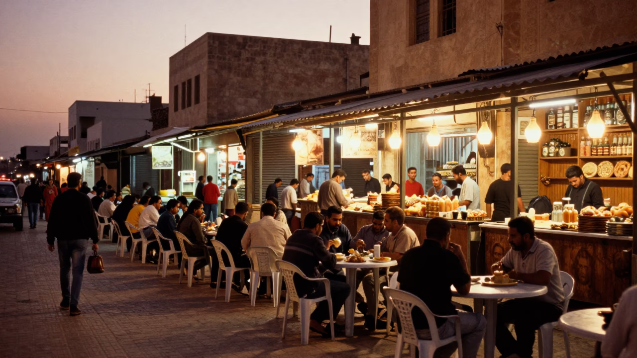 Copper Toned Dusk Street Food Scene in Alexandria Egypt with Local Dining in in Alexandria, Egypt