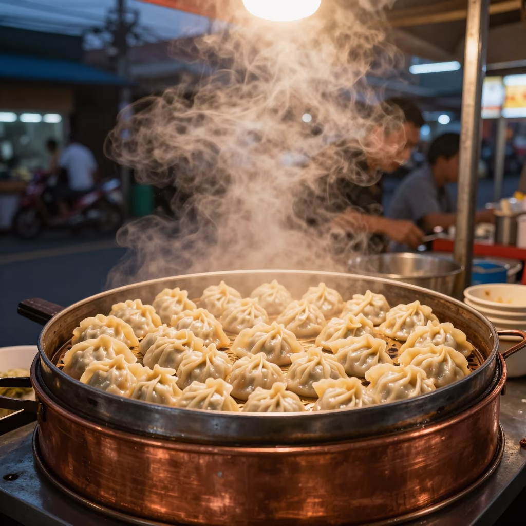 Copper-toned dusk street food vendor serving dumplings in bustling Bangkok Thailand in in Bangkok, Thailand