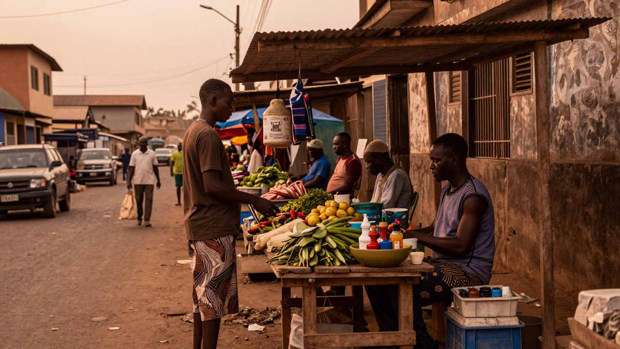Copper-toned dusk street scene in Accra Ghana with local commerce and daily life in in Accra, Ghana