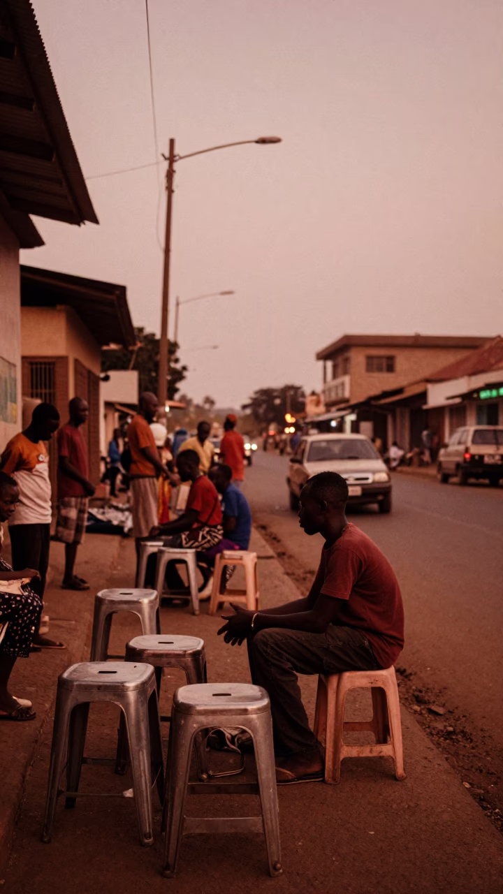 Copper Toned Dusk Street Scene in Accra Ghana With Metal Stools in in Accra, Ghana