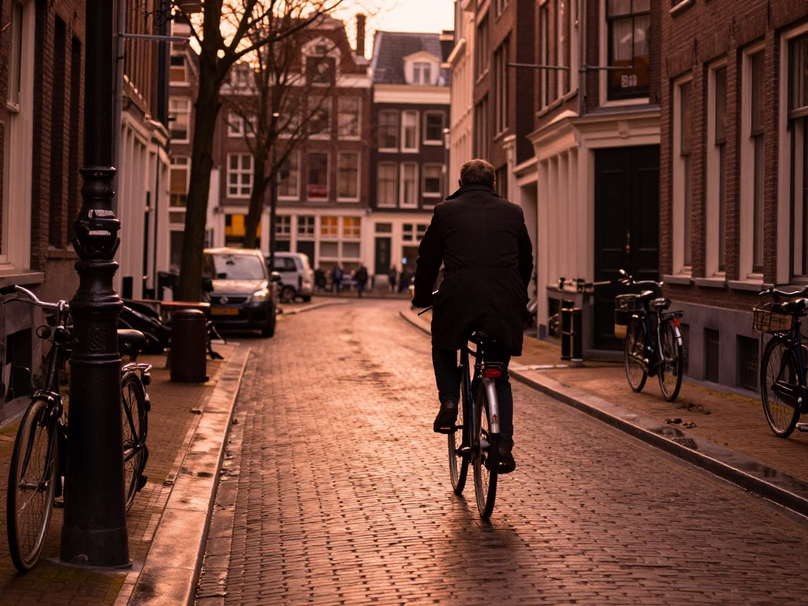 Copper Toned Dusk Street Scene in Amsterdam Netherlands with Bicycle and Canal in in Amsterdam, Netherlands