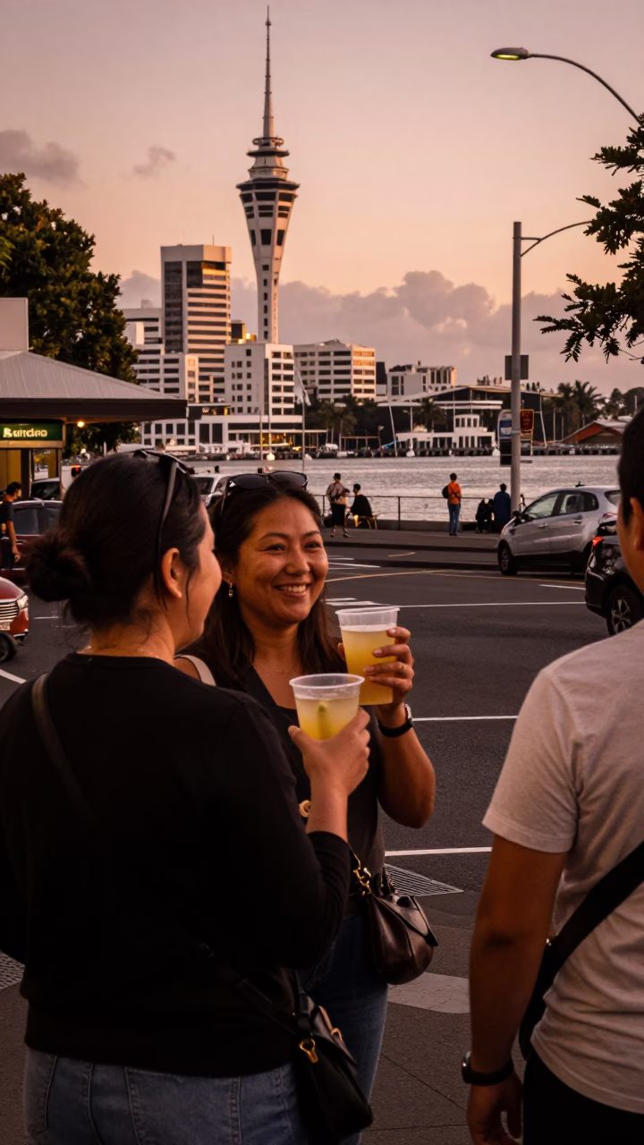 Copper-toned dusk street scene in Auckland New Zealand with candid local interaction in in Auckland, New Zealand