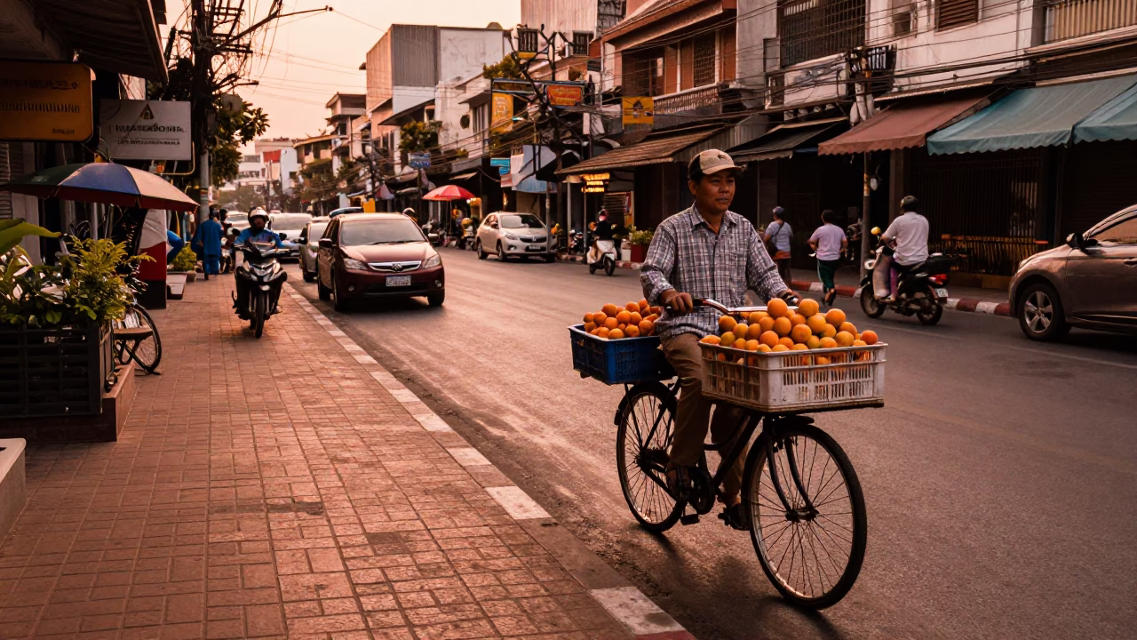 Copper-toned dusk street scene in Bangkok Thailand with vendor and bicycle in in Bangkok, Thailand
