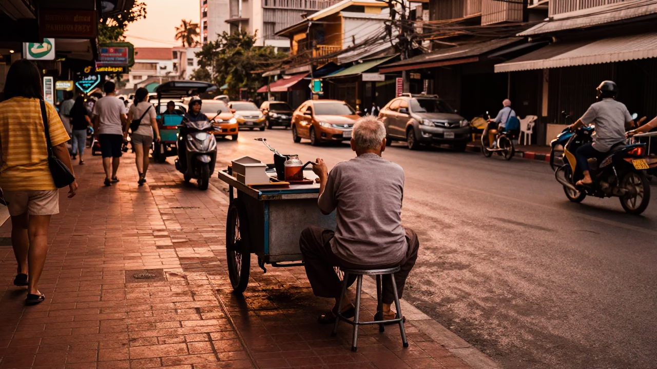 Copper-toned dusk street scene in Bangkok Thailand with work stool and wicker shadow in in Bangkok, Thailand