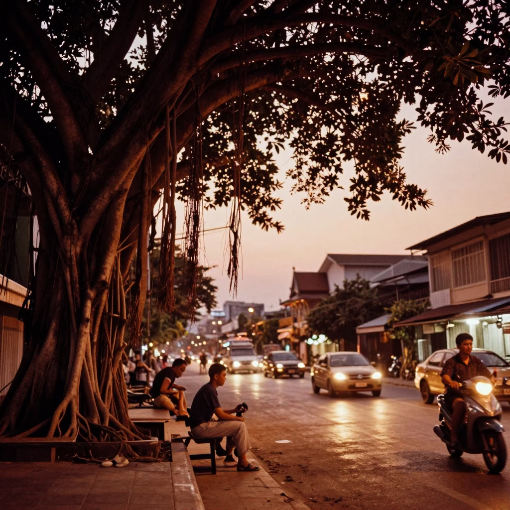 Copper-toned dusk street scene in Bangkok with banyan tree and perforated metal overpass in in Bangkok, Thailand