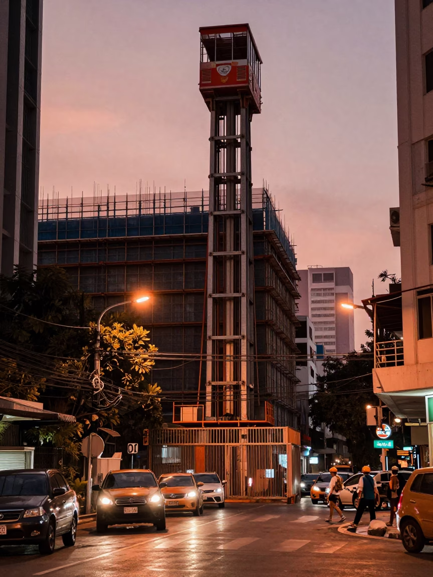 Copper-toned dusk street scene in Bangkok with construction elevator and folding tables in in Bangkok, Thailand