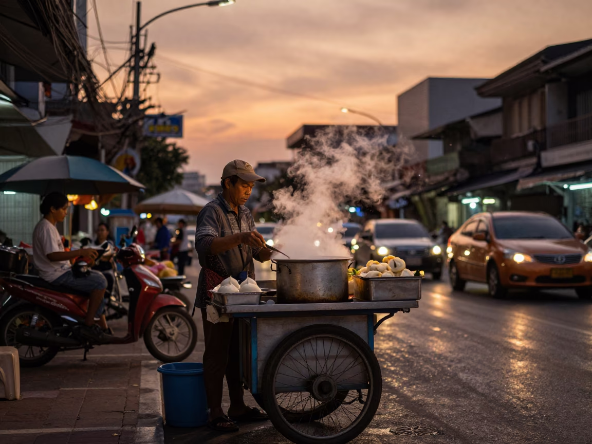 Copper-toned dusk street scene in Bangkok with vendor and mandu dumplings in in Bangkok, Thailand