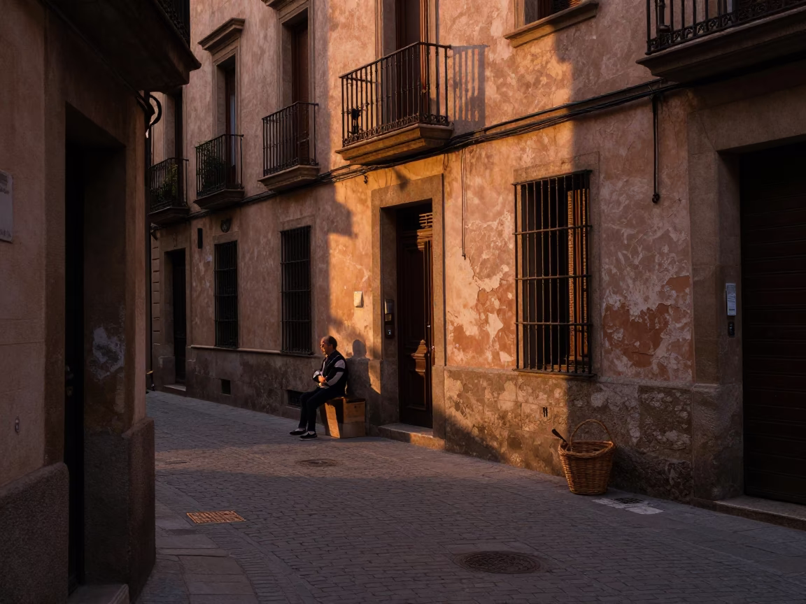 Copper-Toned Dusk Street Scene in Barcelona Spain with Wicker Basket in in Barcelona, Spain