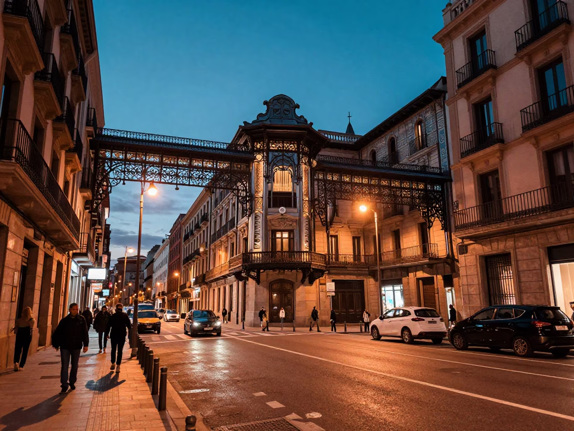 Copper Toned Dusk Street Scene in Bilbao Spain with Blue and White Porcelain in in Bilbao, Spain