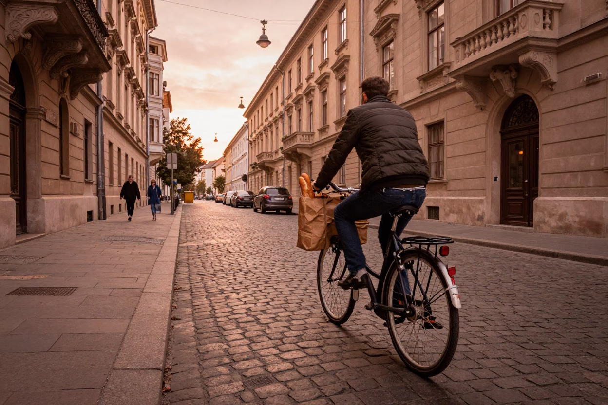 Copper-toned dusk street scene in Budapest with bicycle and urban architecture in in Budapest, Hungary