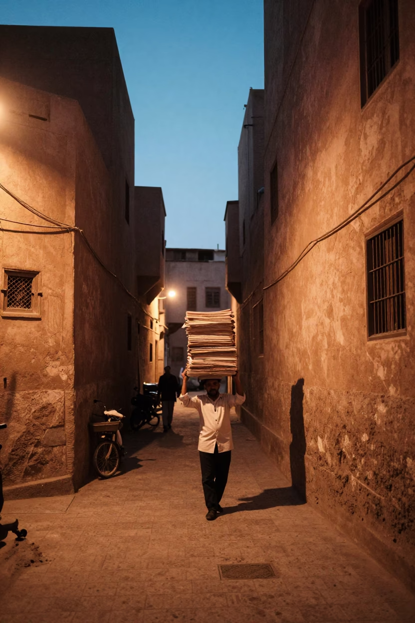 Copper Toned Dusk Street Scene in Cairo Egypt with Blue White Porcelain and Tambourine in in Cairo, Egypt