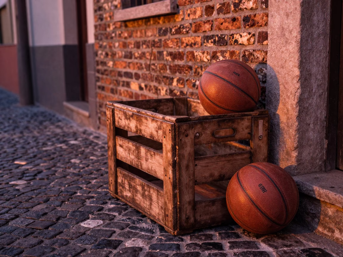 Copper-toned dusk street scene in Cape Town with crate and old leather basketballs in in Cape Town, South Africa