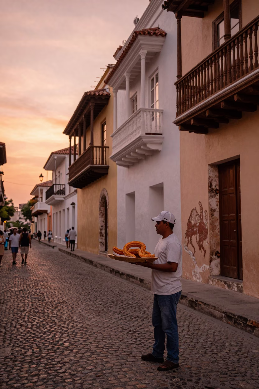Copper-toned Dusk Street Scene in Cartagena Colombia with Churros and Hot Chocolate in in Cartagena, Colombia