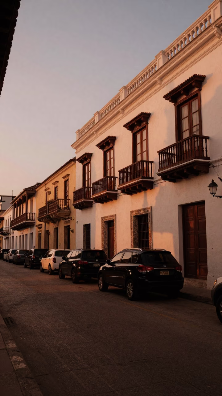 Copper-toned dusk street scene in Cartagena Colombia with parked vehicles and colonial architecture in in Cartagena, Colombia