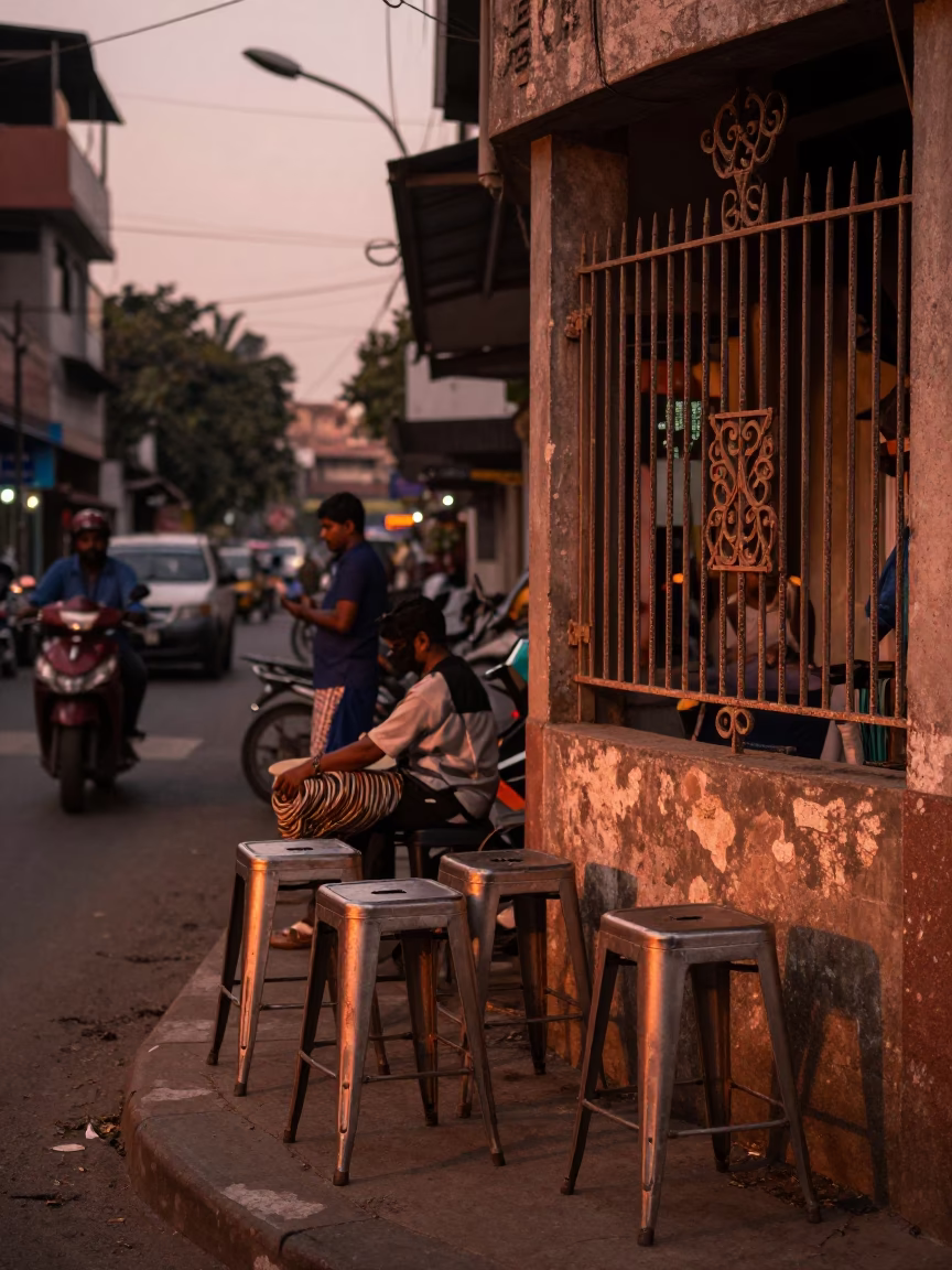Copper Toned Dusk Street Scene in Chennai India with Metal Stools and Paperbacks in in Chennai, India