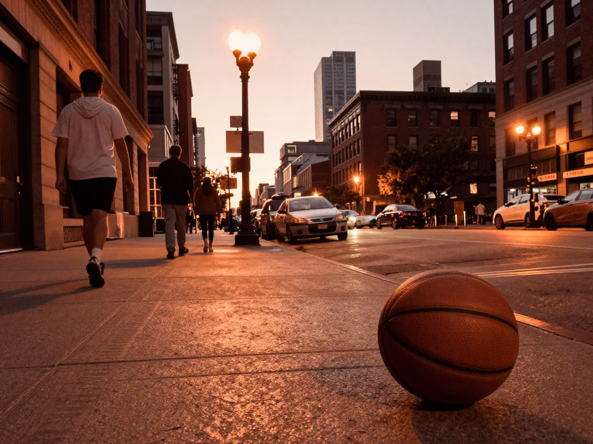 Copper-toned dusk street scene in Chicago Illinois with leather basketball and urban details in in Chicago, Illinois, United States