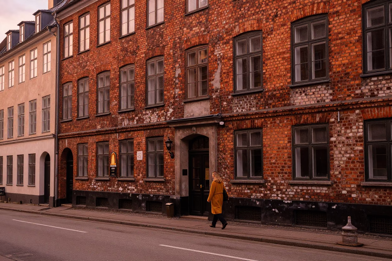 Copper-toned dusk street scene in Copenhagen Denmark with weathered architecture and urban activity in in Copenhagen, Denmark