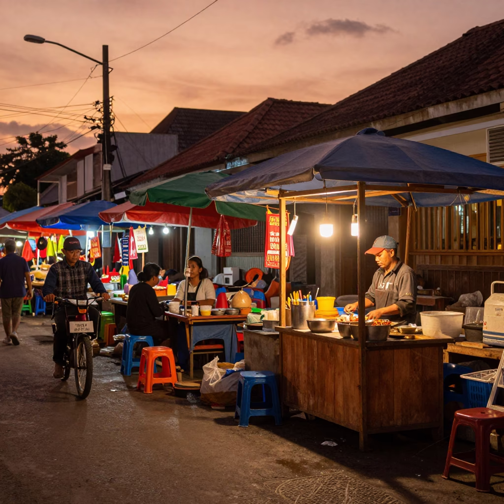 Copper-toned dusk street scene in Denpasar Indonesia with local market activity in in Denpasar, Indonesia