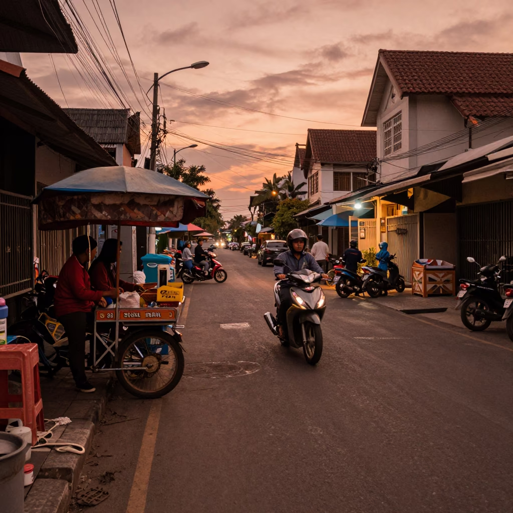 Copper-toned dusk street scene in Denpasar Indonesia with local vendor and motorcycle in in Denpasar, Indonesia
