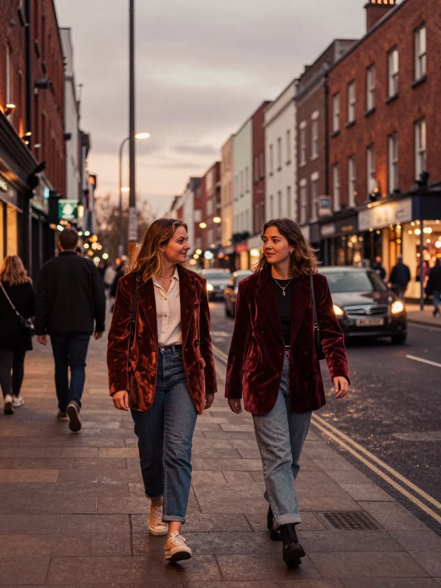 Copper-Toned Dusk Street Scene in Dublin Ireland with Casual Fashion and Local Details in in Dublin, Ireland