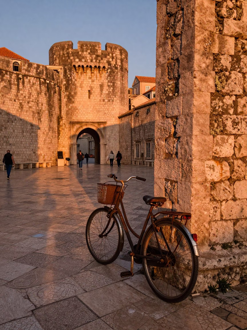 Copper-Toned Dusk Street Scene in Dubrovnik Croatia with Bicycle and Lichen in in Dubrovnik, Croatia