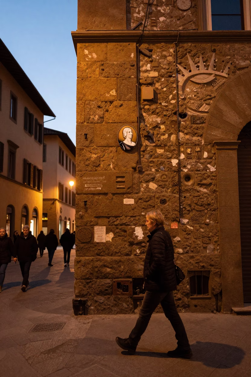 Copper Toned Dusk Street Scene in Florence Italy with Cameo Pin Detail in in Florence, Italy