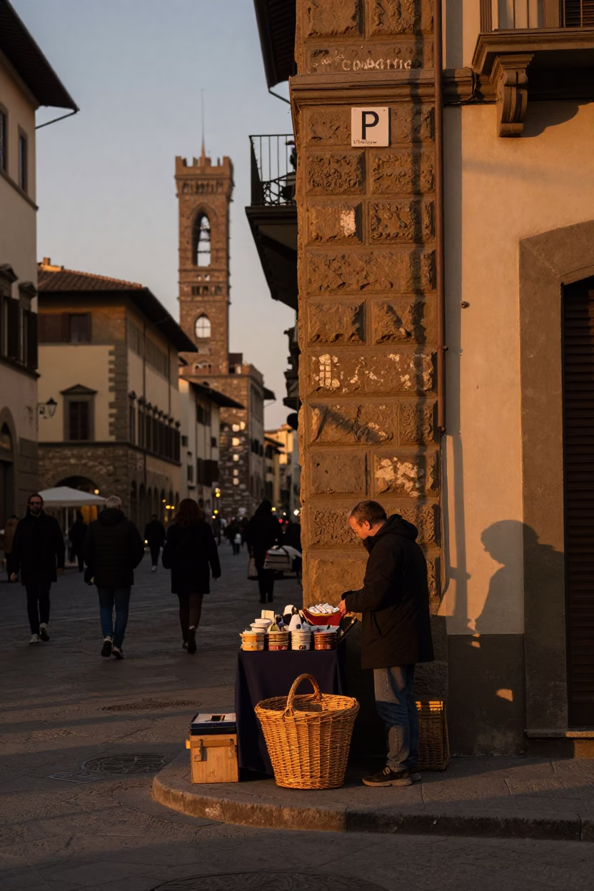 Copper-toned dusk street scene in Florence Italy with wicker basket and lampshade in in Florence, Italy