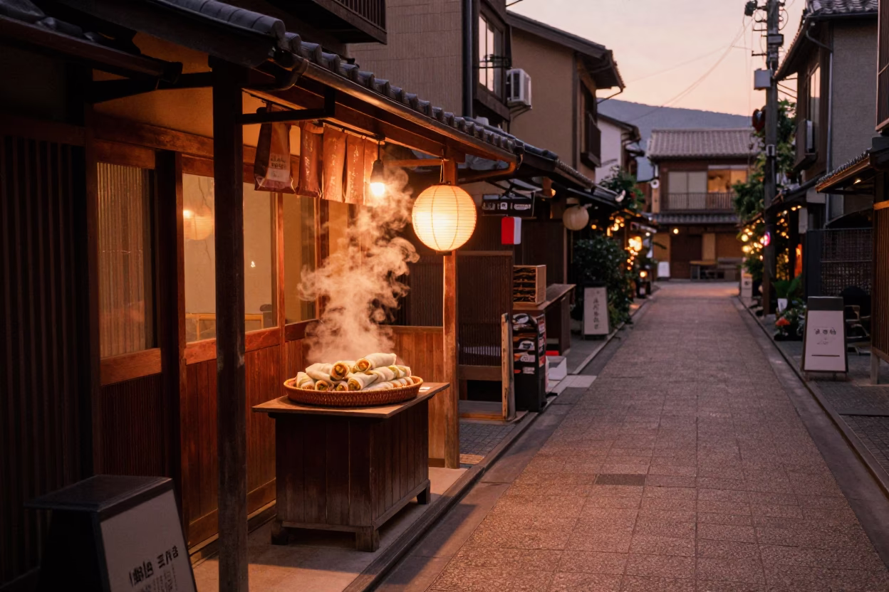 Copper-toned dusk street scene in Fukuoka Japan with traditional architecture and local life in in Fukuoka, Japan
