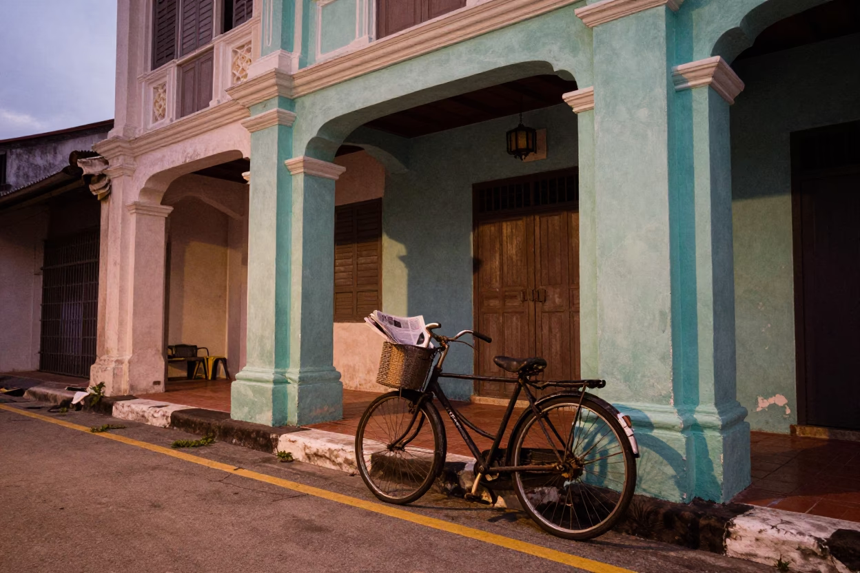 Copper-toned dusk street scene in George Town Malaysia with bicycle and colonial architecture in in George Town, Malaysia