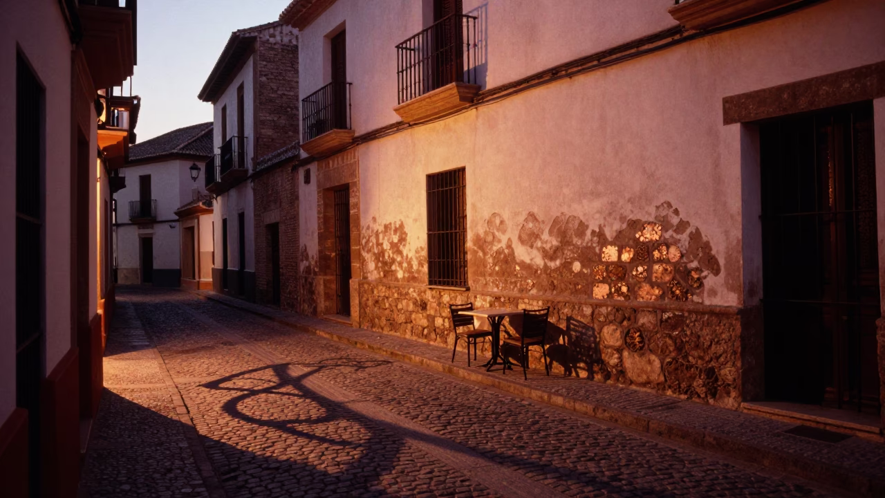 Copper-toned dusk street scene in Granada Spain with wicker shadow and raincoats in in Granada, Spain