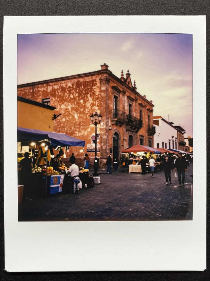 Copper-toned dusk street scene in Guadalajara Mexico with local market activity in in Guadalajara, Mexico