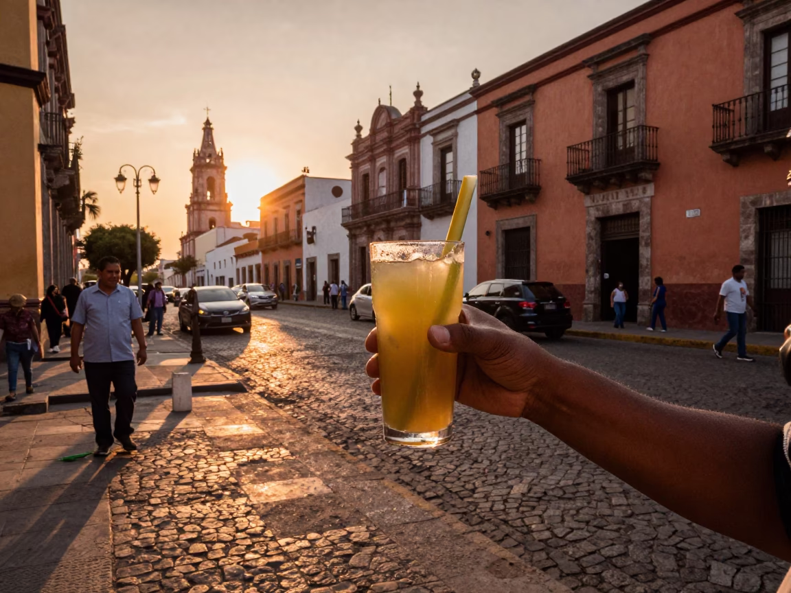 Copper-toned dusk street scene in Guadalajara Mexico with sugarcane juice and local architecture in in Guadalajara, Mexico