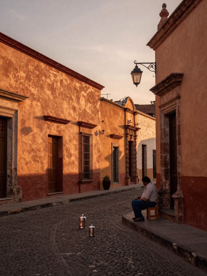 Copper-toned dusk street scene in Guadalajara Mexico with tea tin and sketchbook in in Guadalajara, Mexico