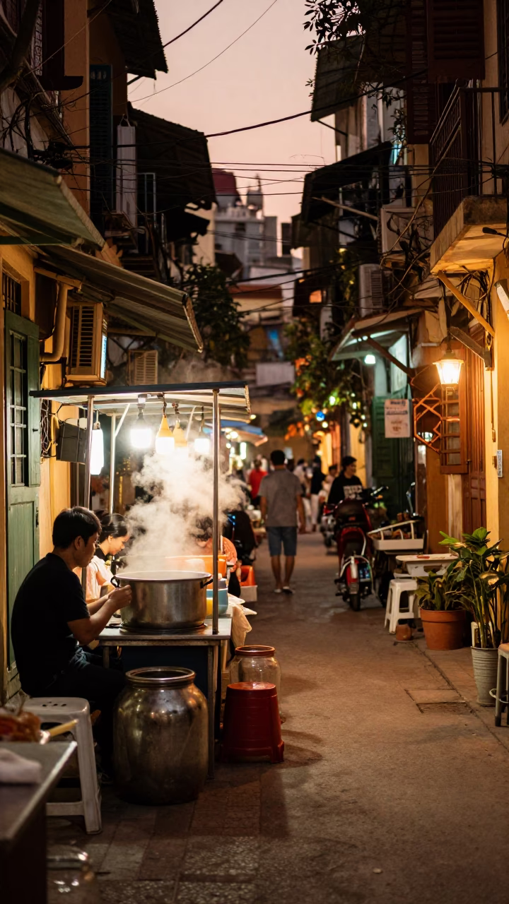 Copper-toned dusk street scene in Hanoi Vietnam with glass jar and noodle bowl in in Hanoi, Vietnam