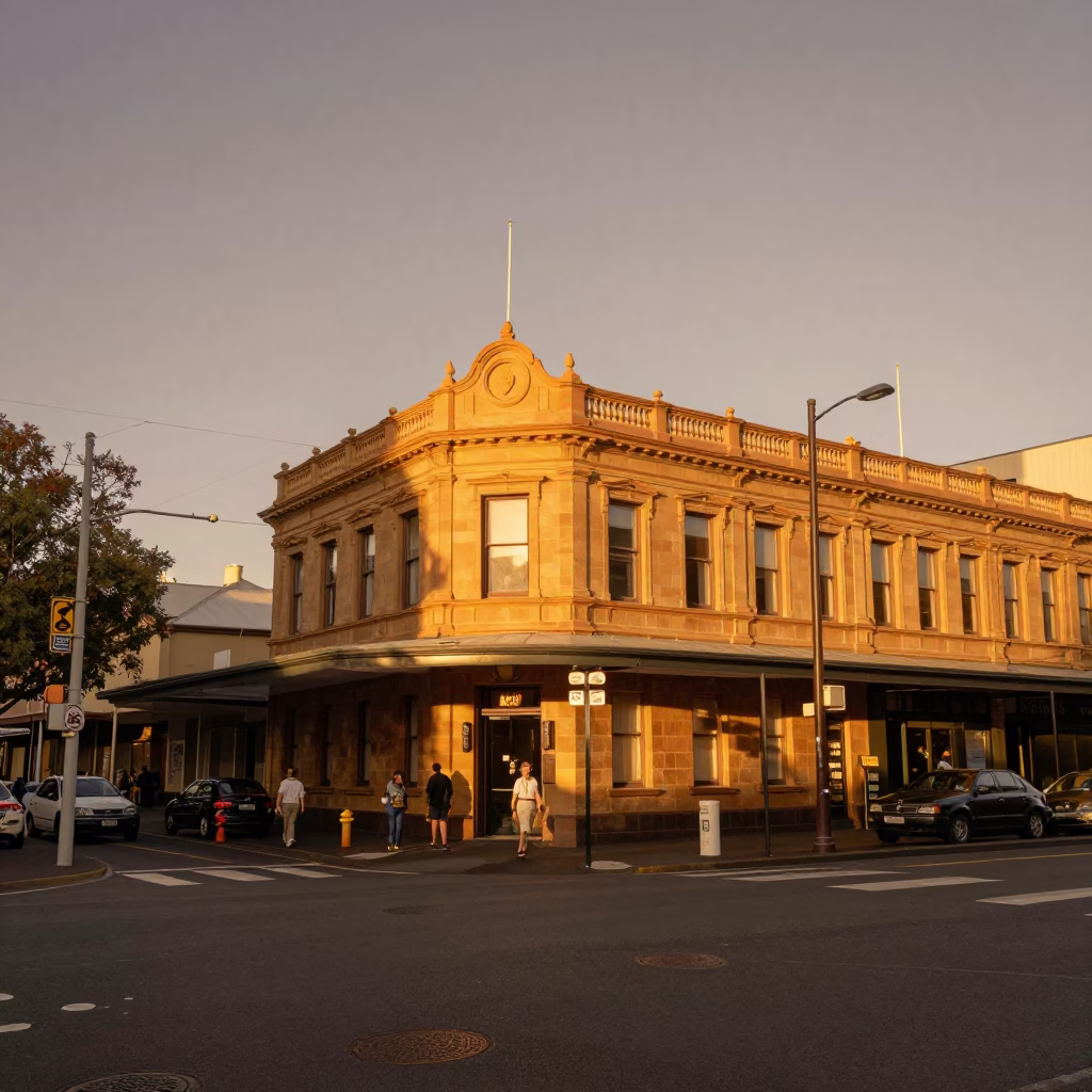 Copper-Toned Dusk Street Scene in Hobart Tasmania with Vintage 1960s Atmosphere in in Hobart, Tasmania, Australia