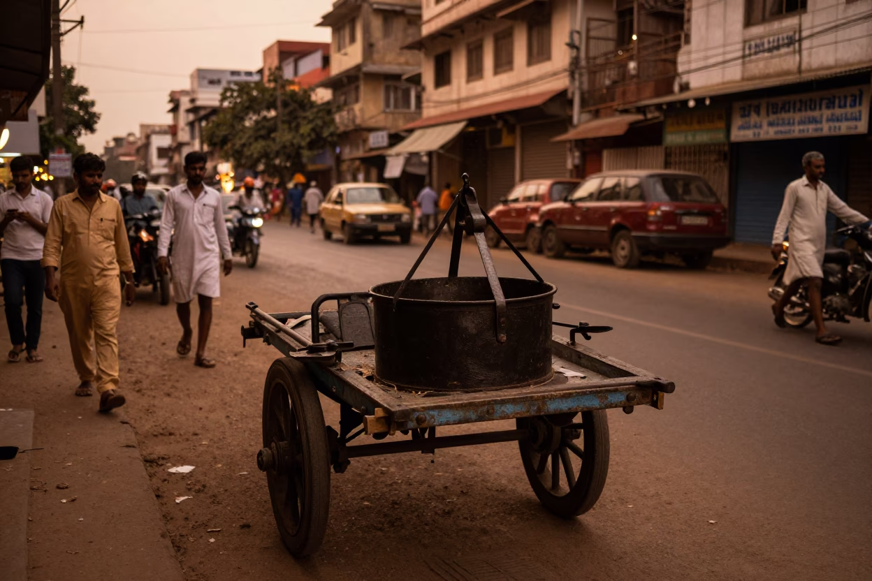 Copper-toned dusk street scene in Hyderabad India showing daily life and local architecture in in Hyderabad, India