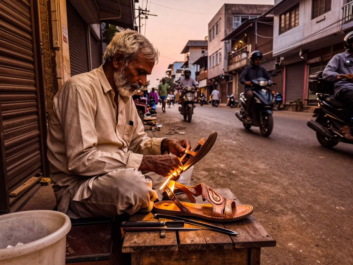 Copper-toned Dusk Street Scene in Hyderabad India with Cobbler Repairing Sandals in in Hyderabad, India