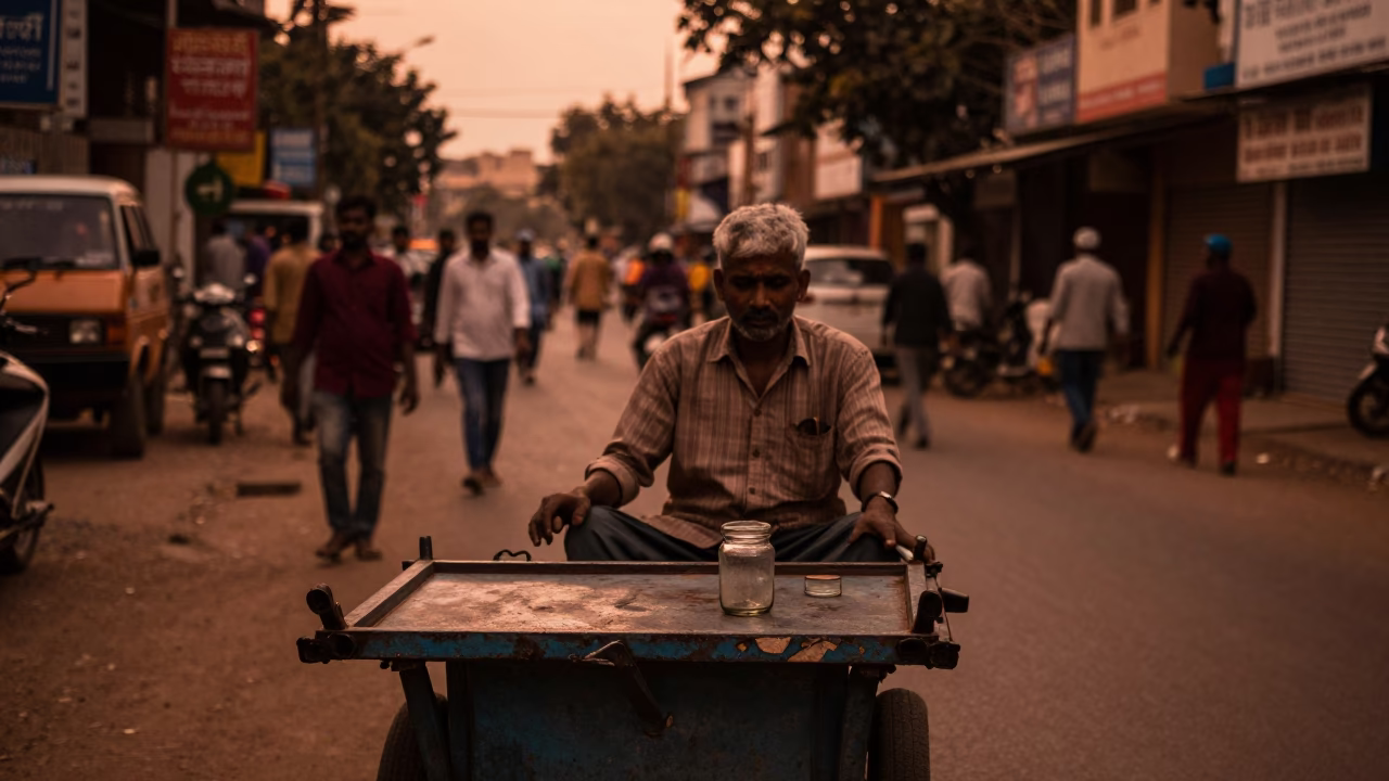 Copper-toned dusk street scene in Hyderabad India with local vendor and traditional details in in Hyderabad, India
