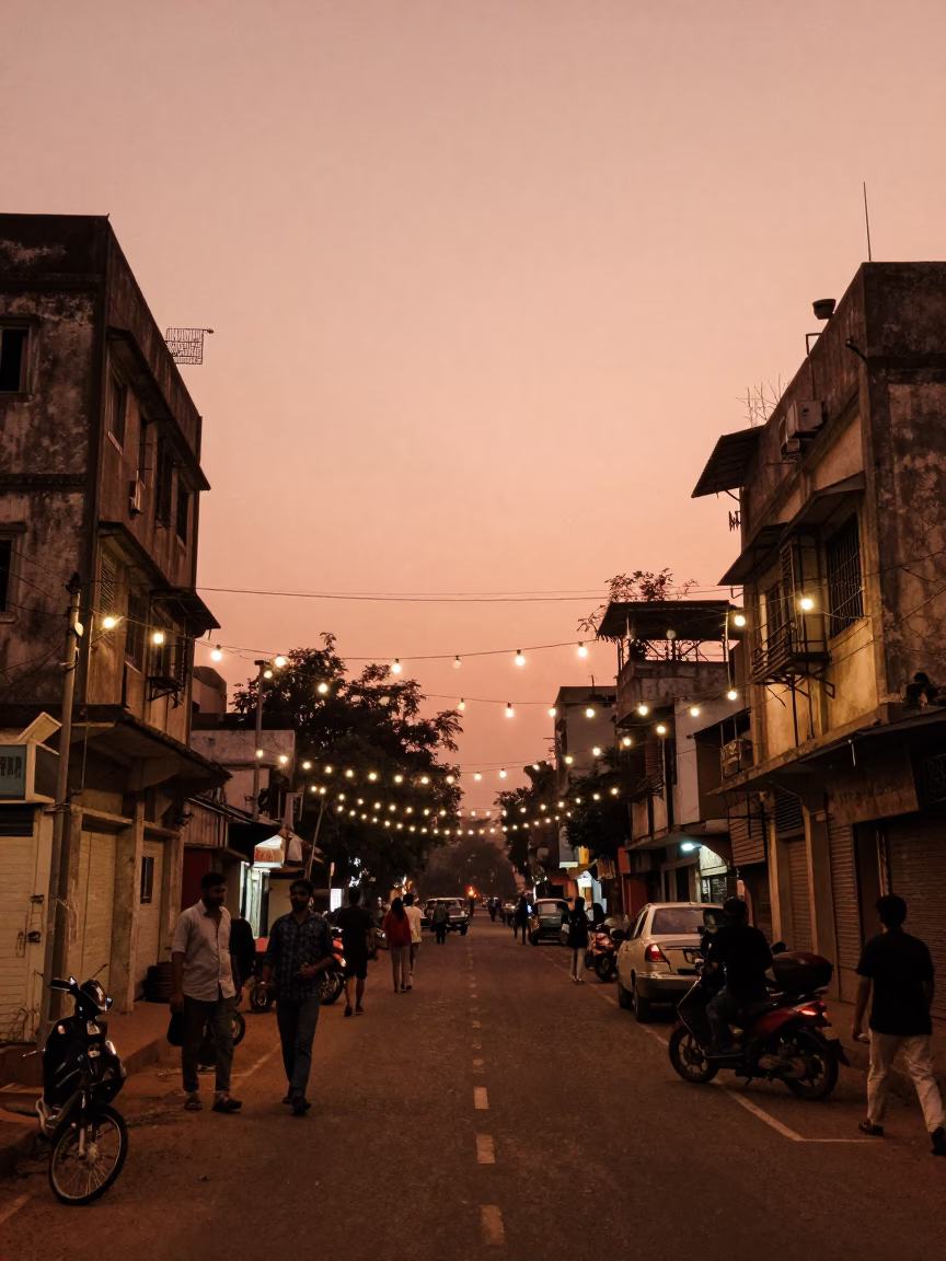Copper Toned Dusk Street Scene in Hyderabad India with String Lights and Local Life in in Hyderabad, India