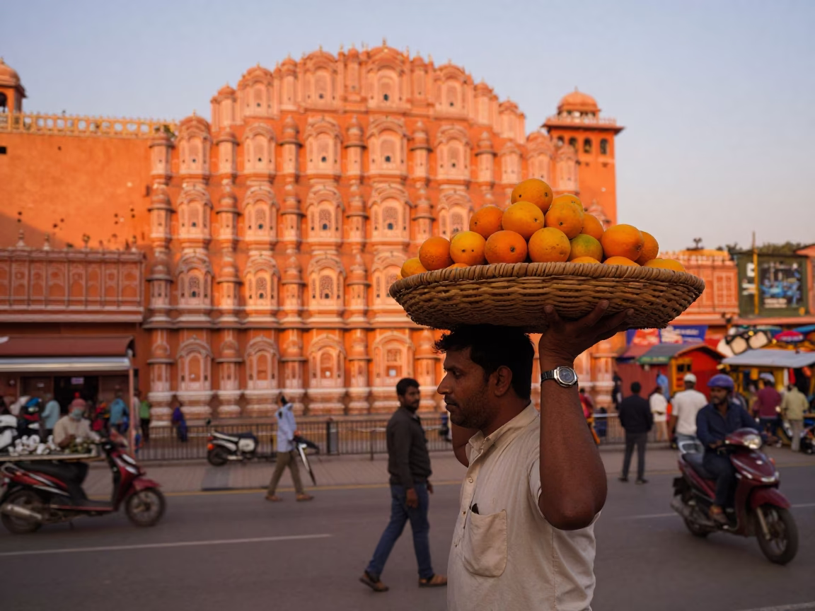 Copper-Toned Dusk Street Scene in Jaipur India with Vibrant Oranges and Traditional Architecture in in Jaipur, India