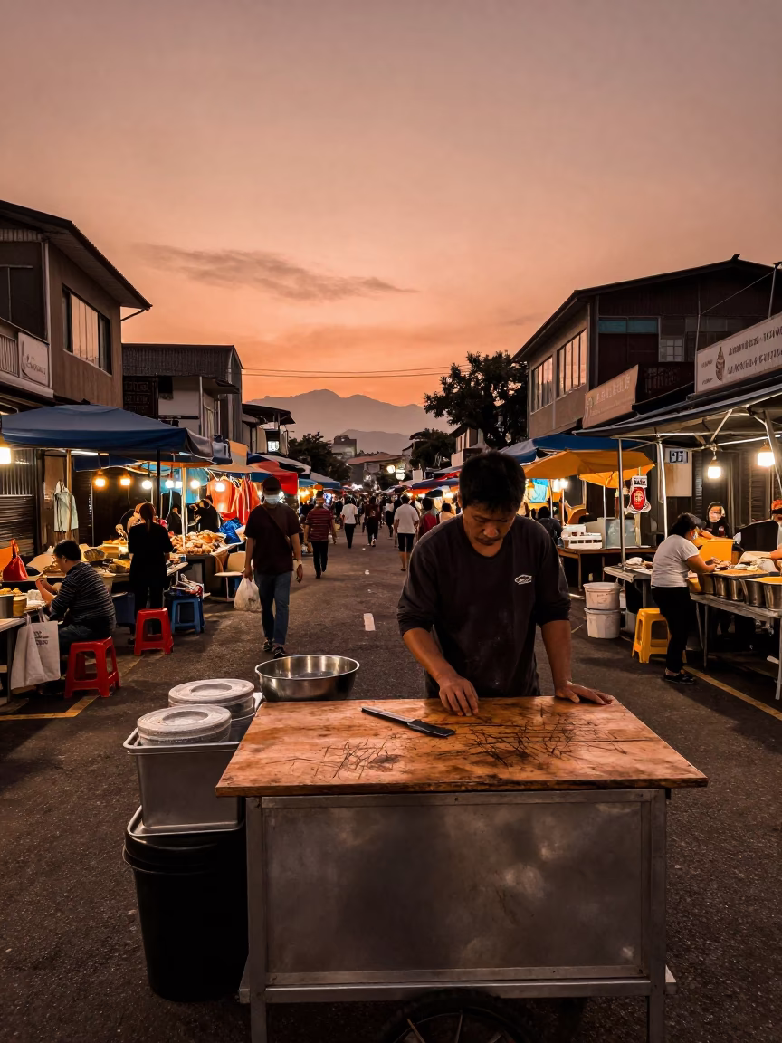 Copper Toned Dusk Street Scene in Kaohsiung Taiwan with Local Market Details in in Kaohsiung, Taiwan