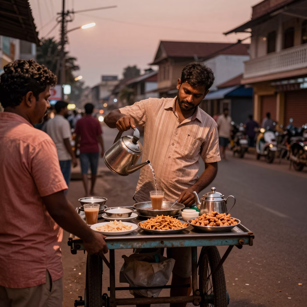 Copper-toned dusk street scene in Kochi India with chai and snacks in in Kochi, India