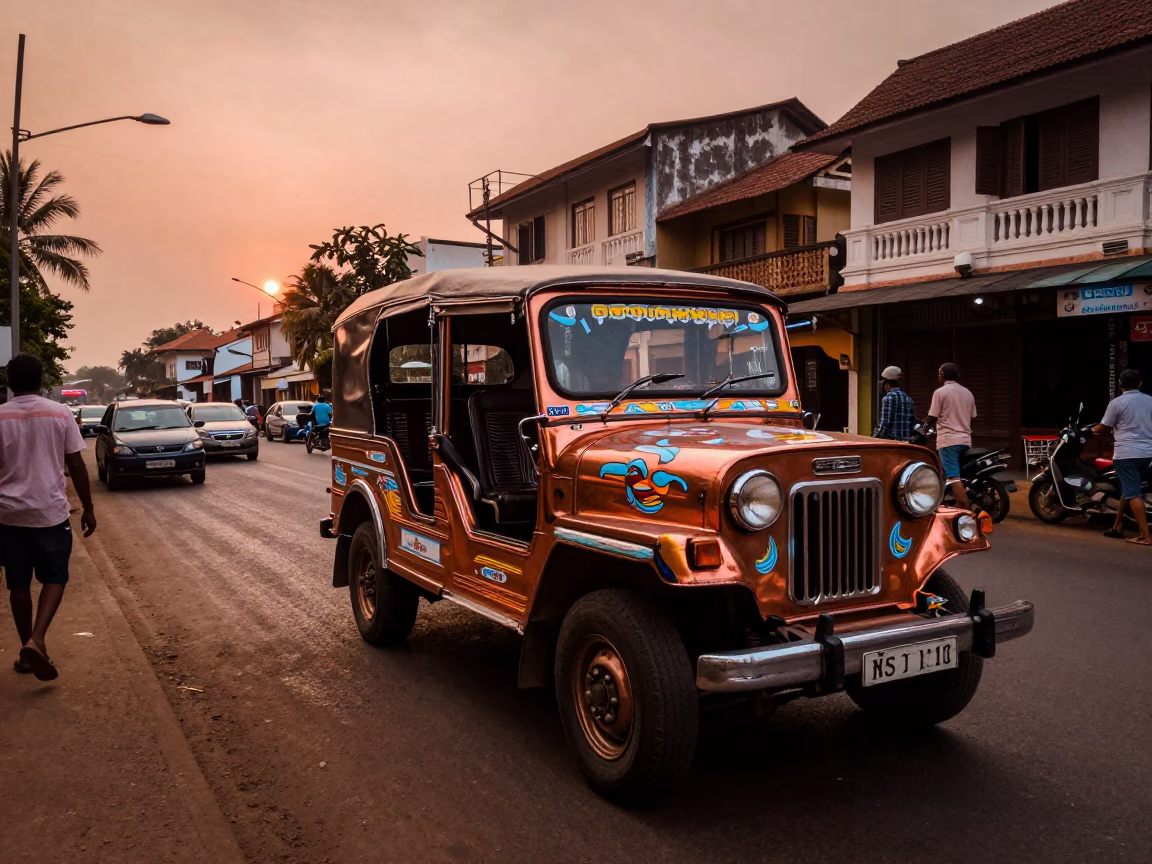 Copper-toned dusk street scene in Kochi India with vintage jeepney and local life in in Kochi, India