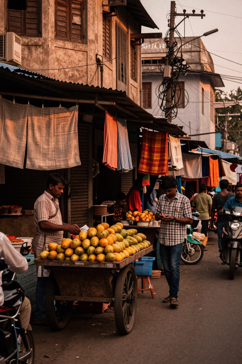 Copper Toned Dusk Street Scene in Kolkata India with Local Market Activity in in Kolkata, India
