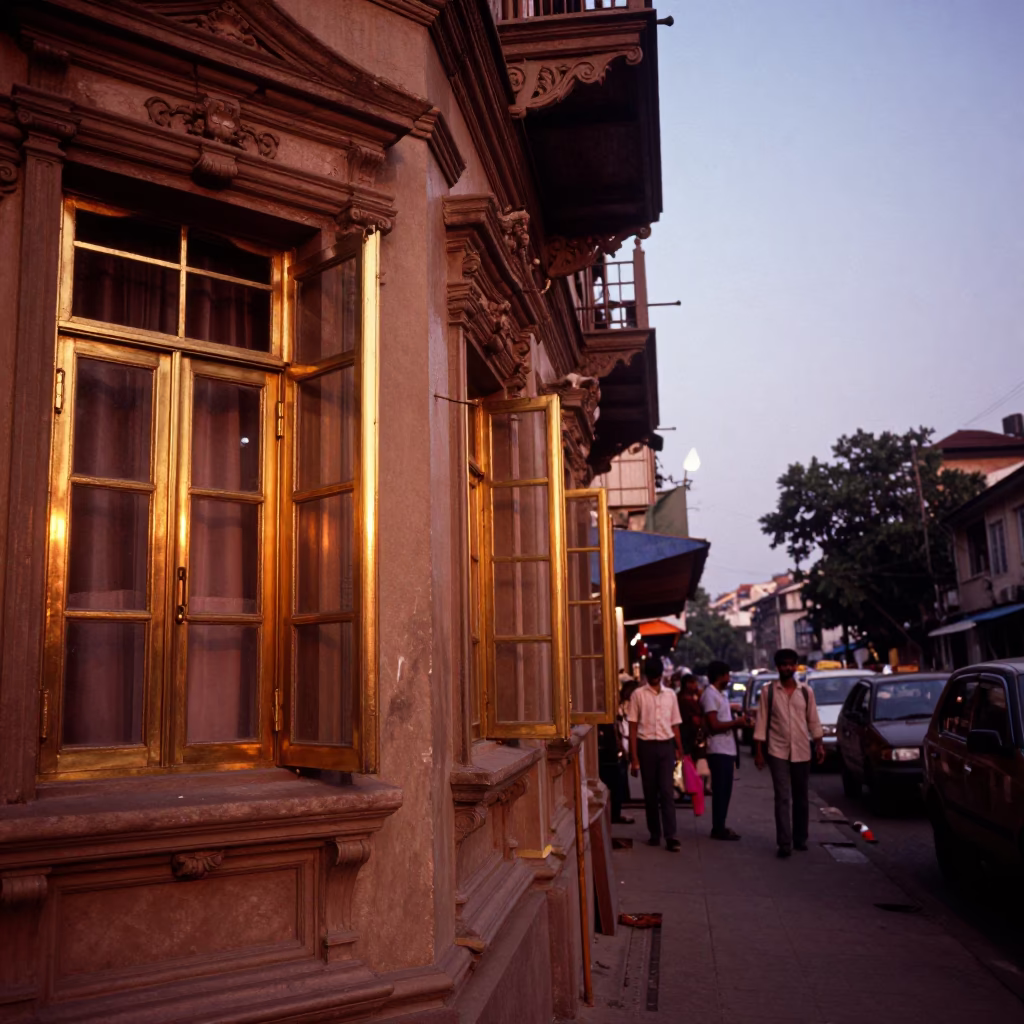 Copper-toned dusk street scene in Kolkata with brass window frames and fruit vendor in in Kolkata, India