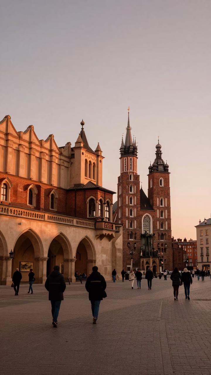 Copper-toned dusk street scene in Krakow Poland with historic architecture and busy pedestrians in in Krakow, Poland