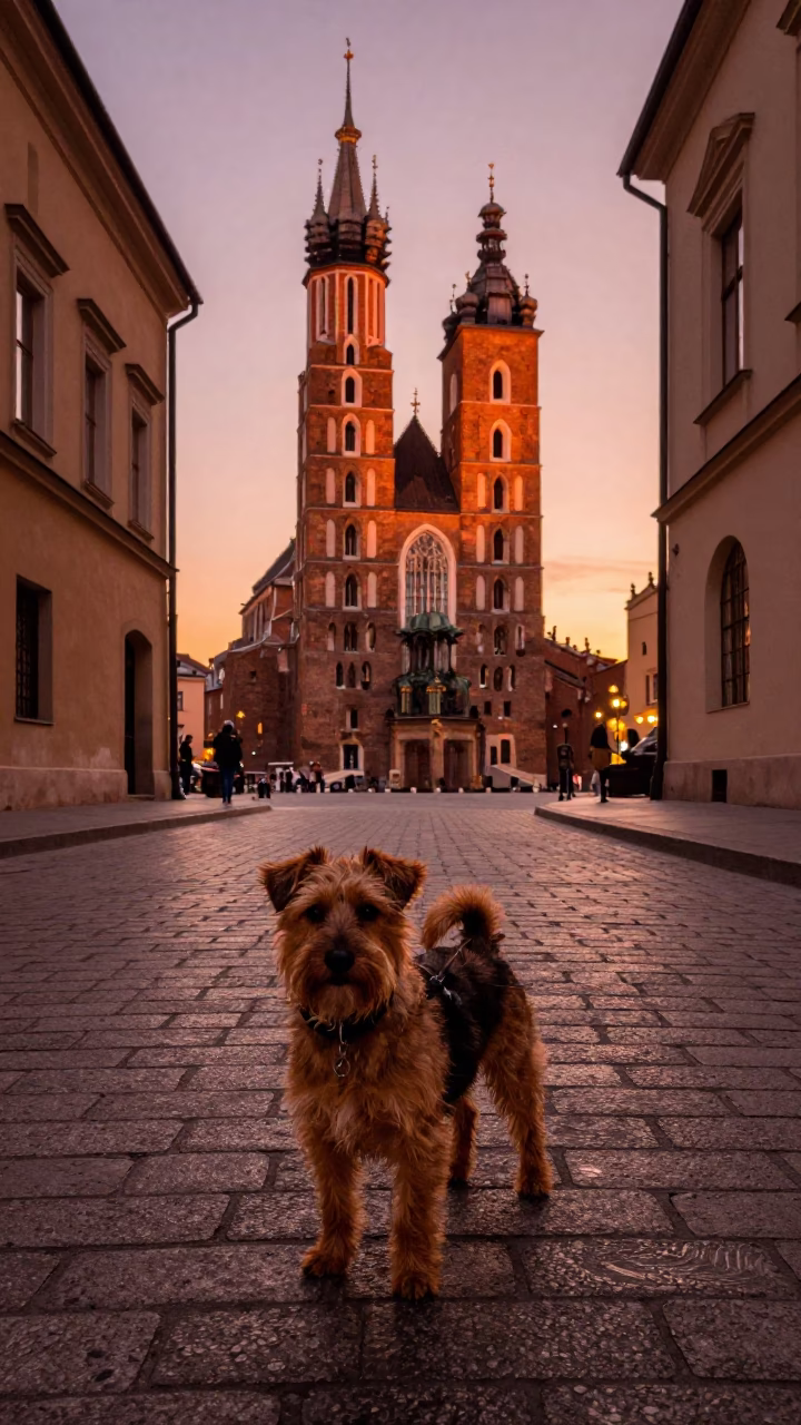 Copper-toned dusk street scene in Krakow Poland with small dog and clipboard in in Krakow, Poland