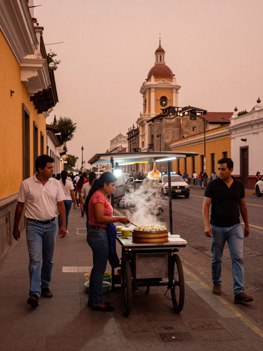 Copper-Toned Dusk Street Scene in Lima Peru with Traditional Food Vendor in in Lima, Peru